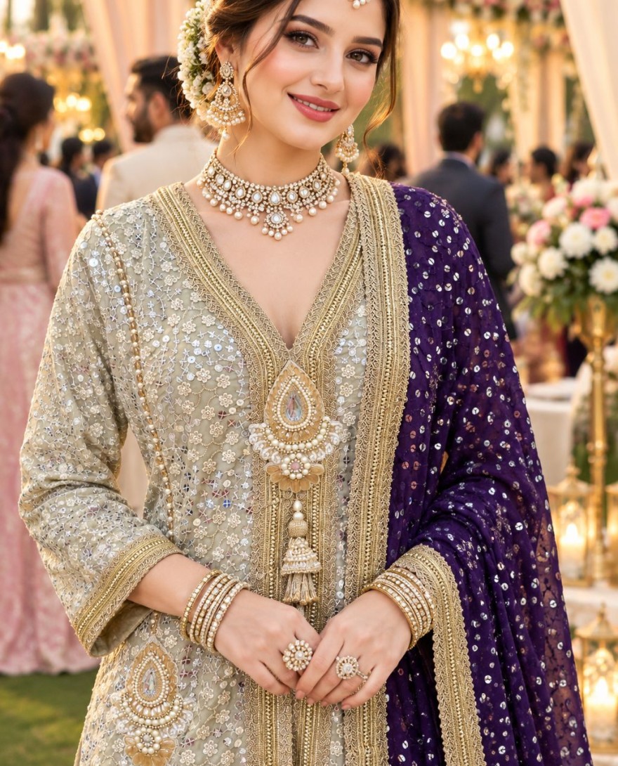 2182 - Gold Georgette Readymade Salwar Suit with Embroidered, Resham and Sequins Work